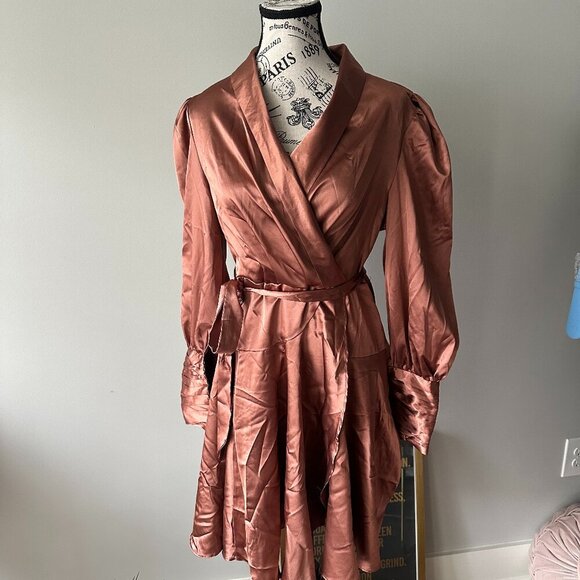 Rust Satin Wrap Dress with Puff Sleeves - Size M - Picture 1 of 3